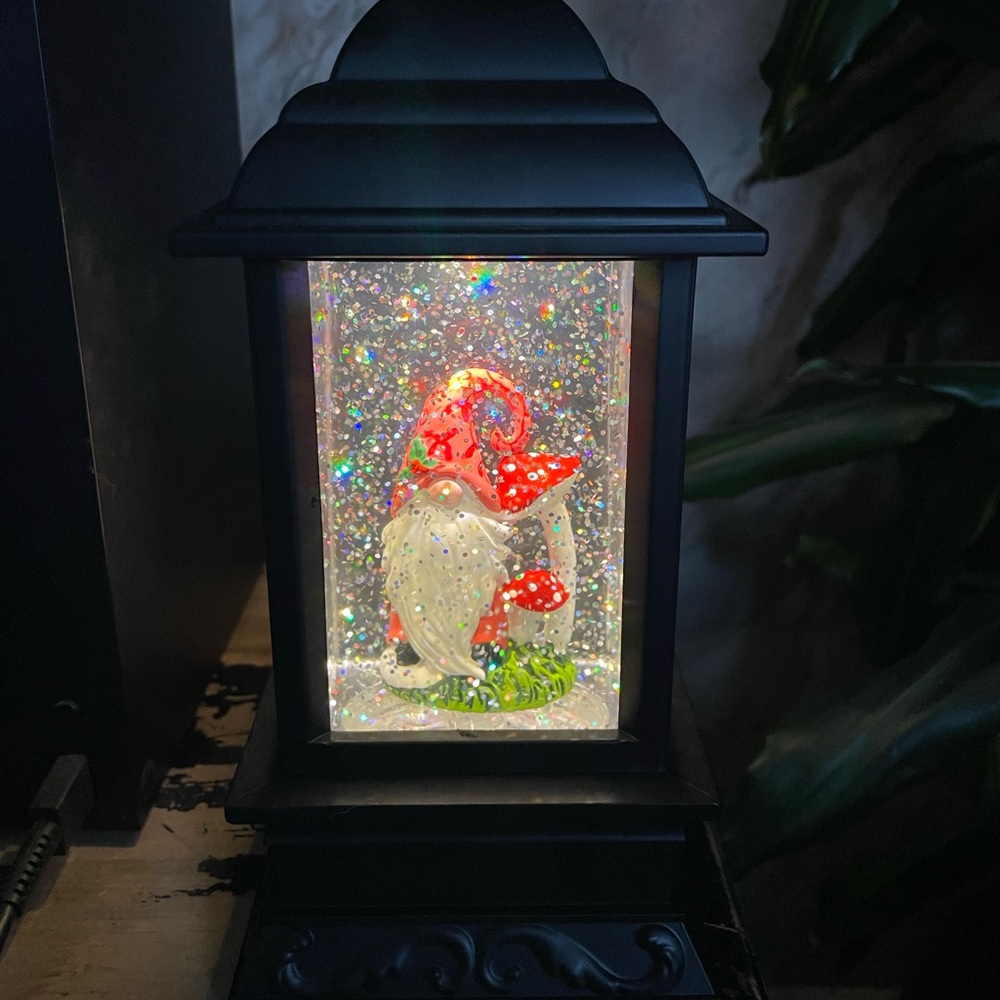 Black Lantern with Gnome and Mushrooms. Automatic movement